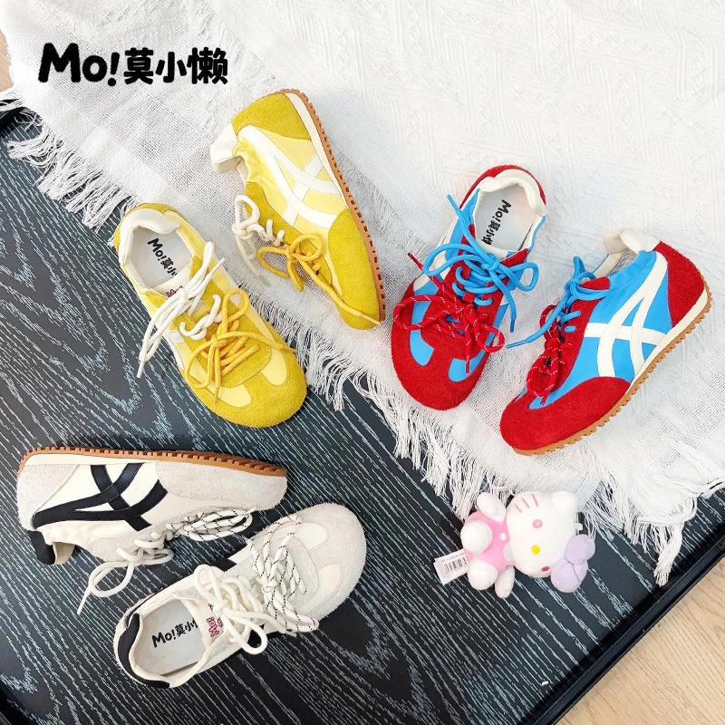 【MO莫小懒】6CM~圆头歪头真皮内增高撞色德训芭蕾风系带运动户外