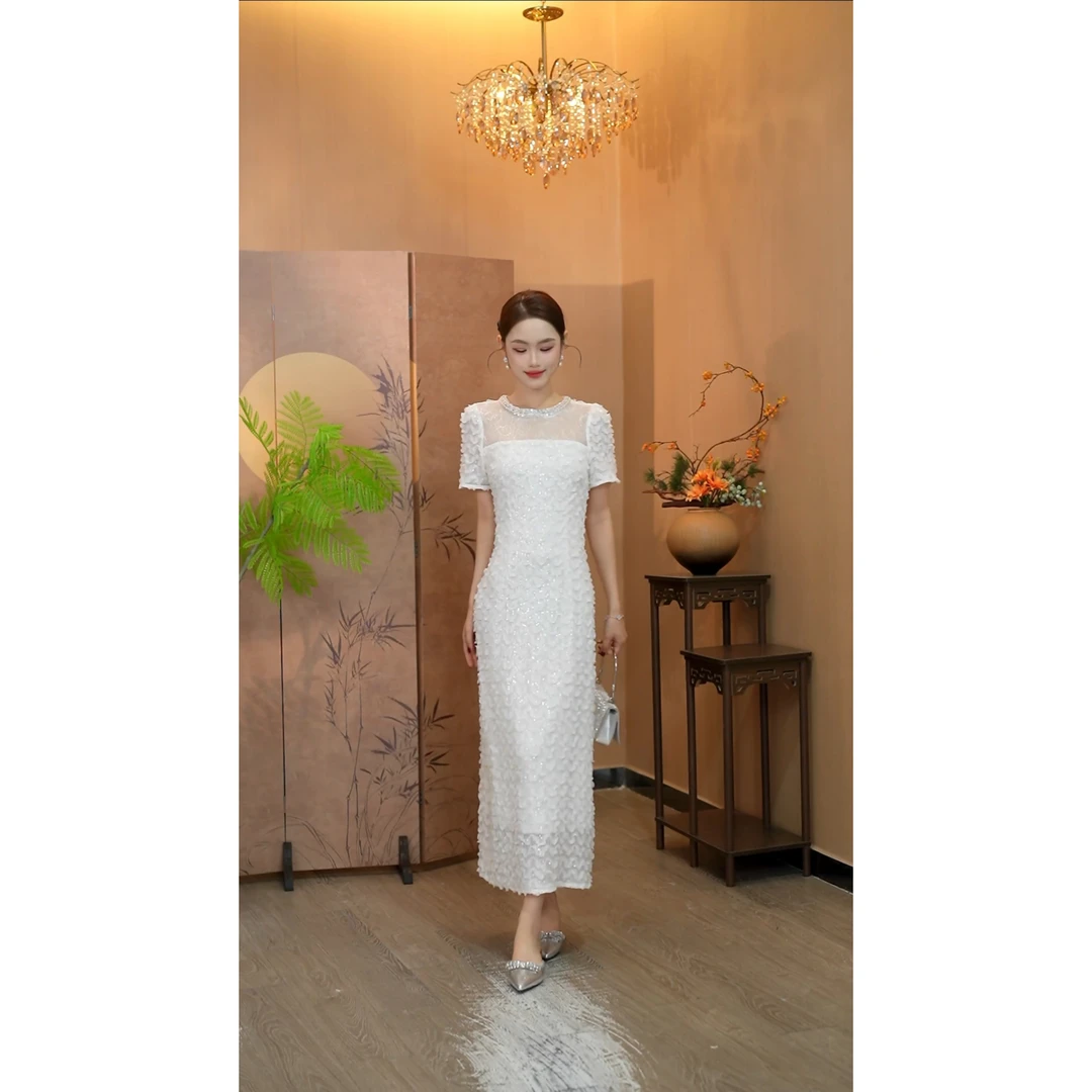 3513时尚轻奢白色亮闪闪蕾丝裙新款名媛范小香风镶钻气质白裙