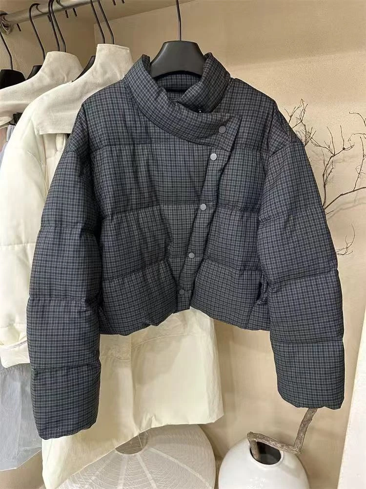 设计感斜扣藏青色格子棉服冬季短款外套小个子上衣