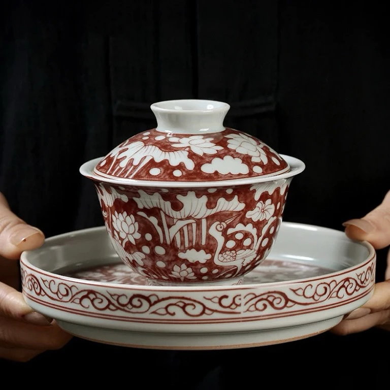 当代 景德镇峰胜堂红一鹭莲升三才盖碗茶杯家用高档功夫泡茶茶具