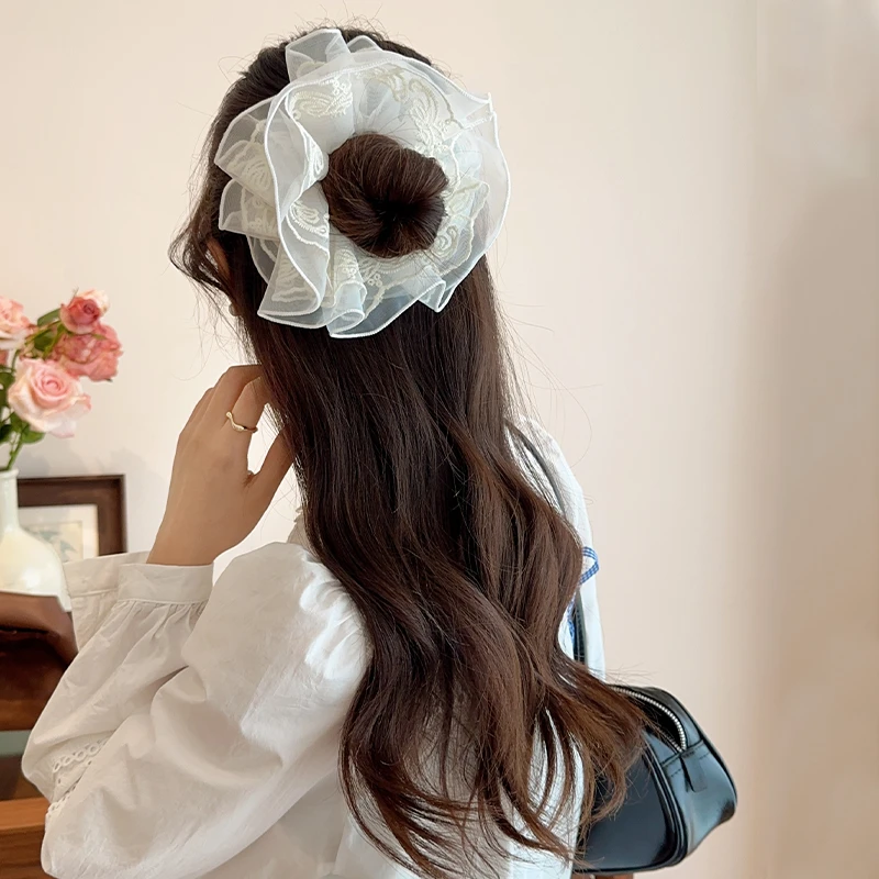 蕾丝花朵刺绣网纱大肠发圈女韩系扎头发丸子头超大绝美头绳发饰潮