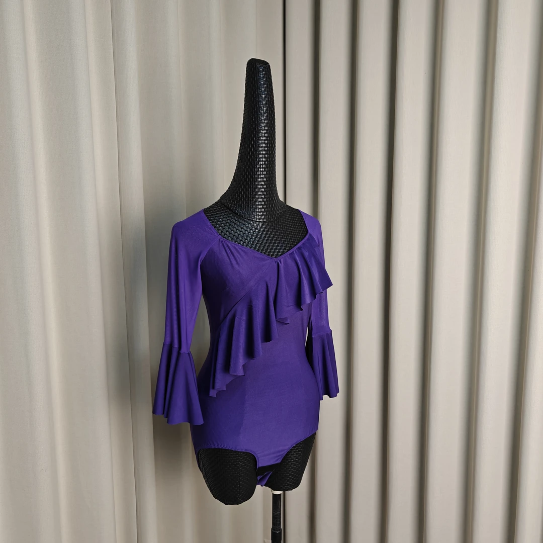 海云丹斯②新款交谊舞摩登舞胸前斜飘喇叭袖上衣HYS045