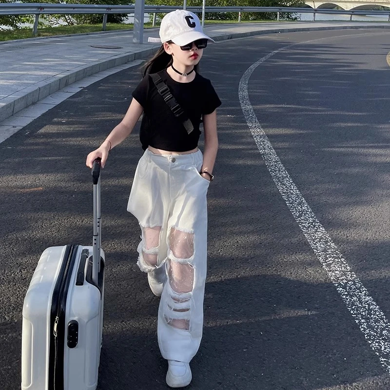 女童短袖破洞裤子夏季2025新款时尚街舞爵士舞中大童潮流炸街套装