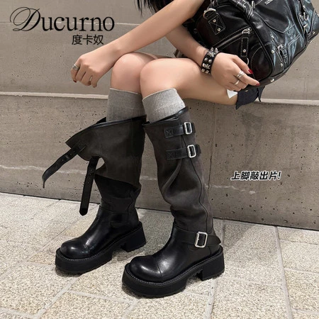 DUCURNO时髦炸街大筒围宽筒靴女褶皱堆堆靴黑色显瘦西部靴长筒靴