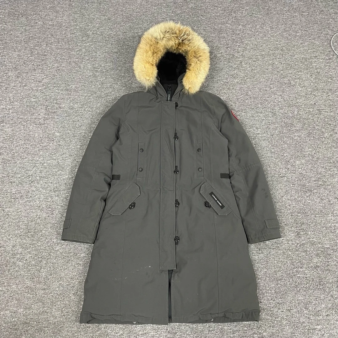 99新 加拿大鹅 长款 毛领 羽绒服 黑灰色 M码