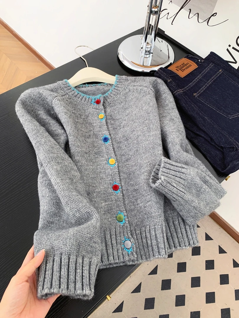 韩系慵懒风彩色纽扣毛衣外套女秋冬软糯撞色宽松百搭针织开衫上衣