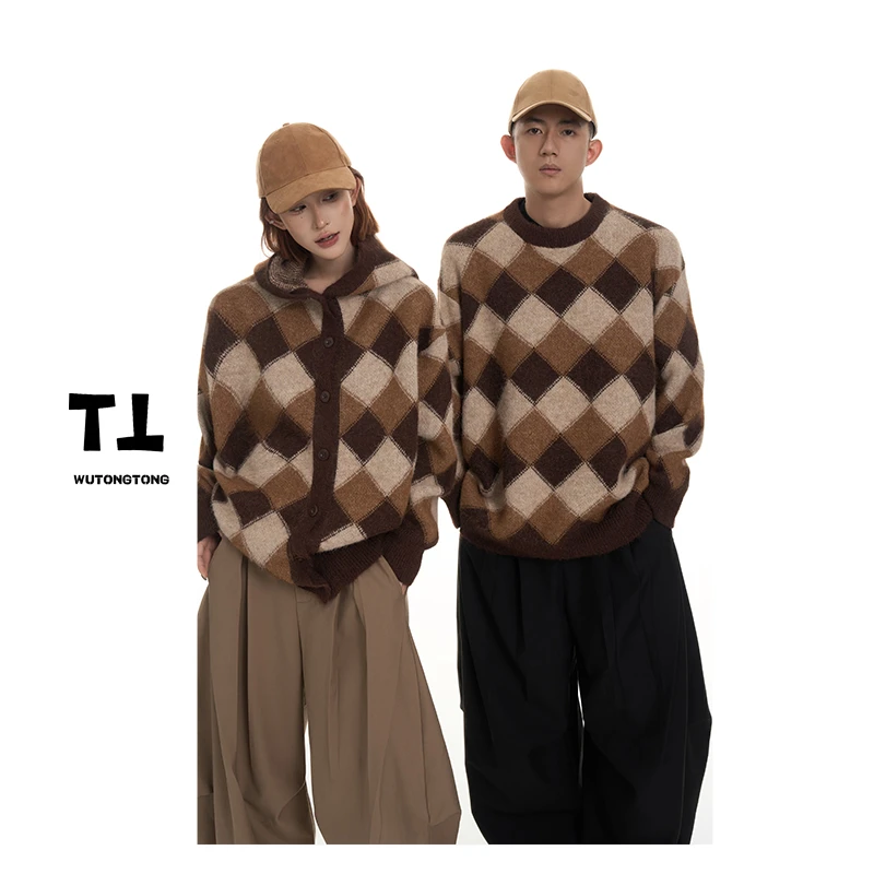 现货【菱形方块】秋季菱形格毛衣外套女宽松针织衫上衣62613