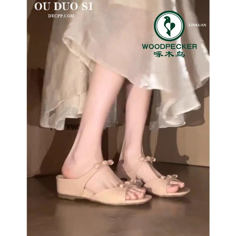 啄木鸟内增高5公分裸色蝴蝶结温柔凉拖外穿女夏季一脚蹬百搭凉鞋