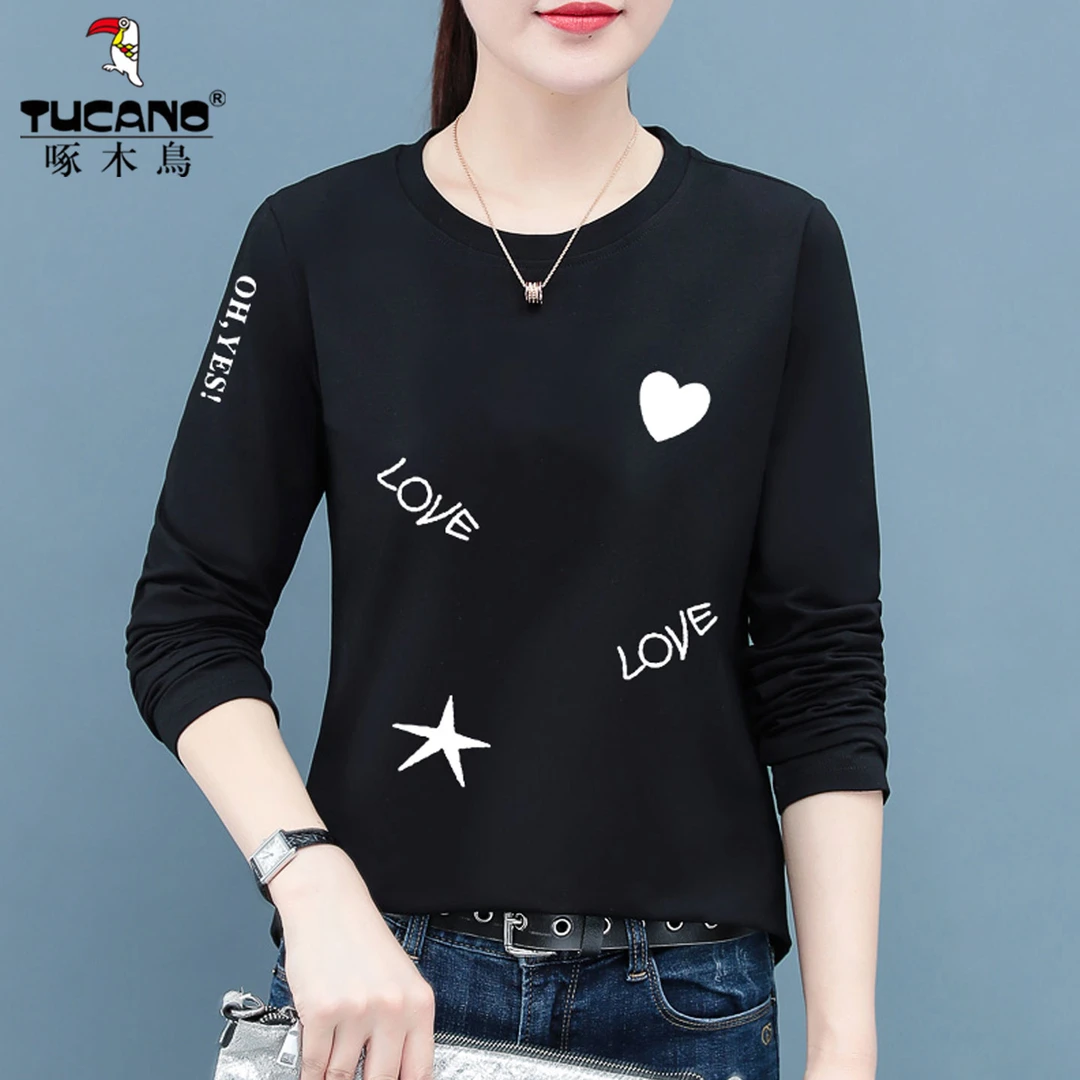 啄木鸟~纯棉长袖t恤女士春季2026新款薄款打底衫妈妈宽松中年上衣