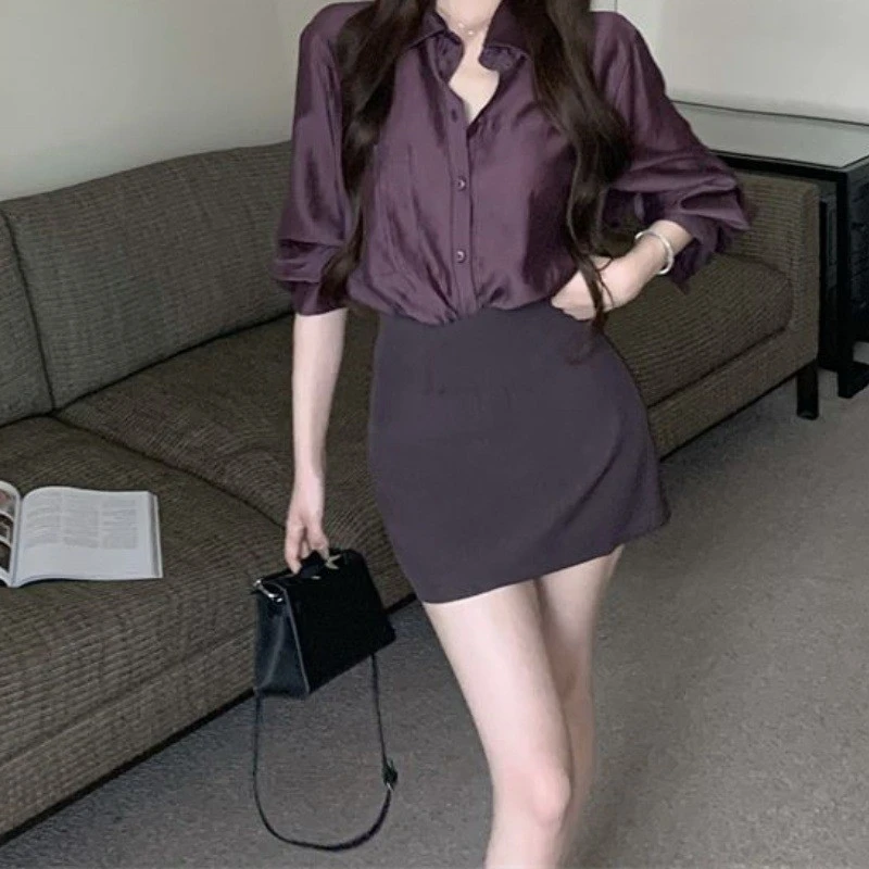 韩版时尚两件套紫色气质polo领长袖衬衫包臀半身短裙夏季休闲套装
