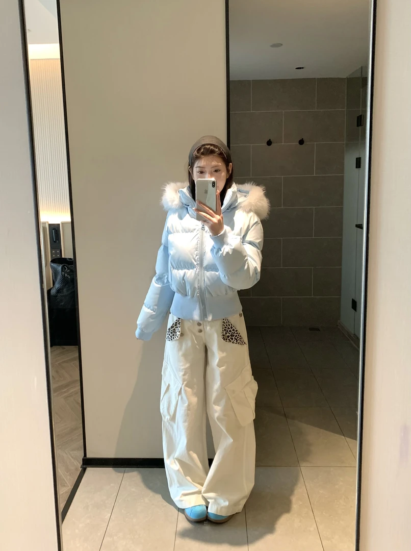 AMER 国潮美式复古辣妹款毛领连帽棉服女冬季保暖外套款