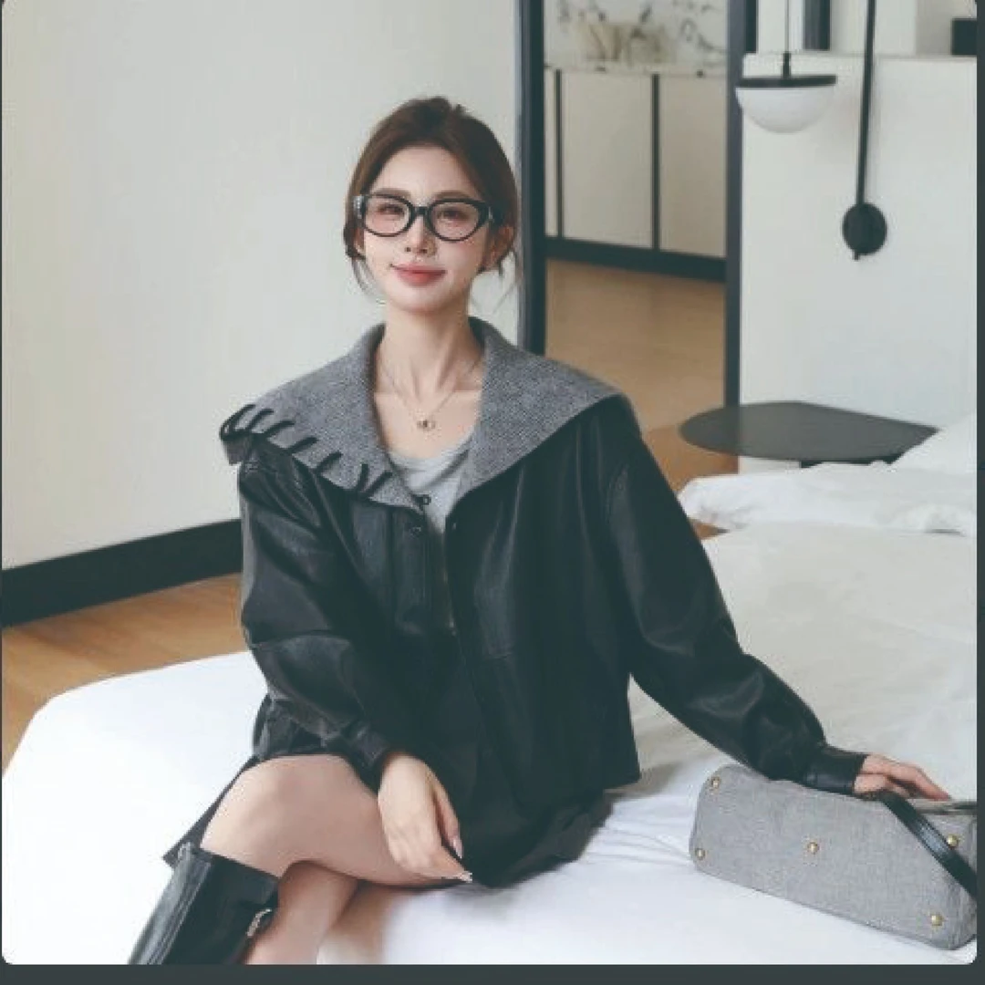 WL00166早秋新款设计感海军领皮衣夹克女休闲显瘦短款外套