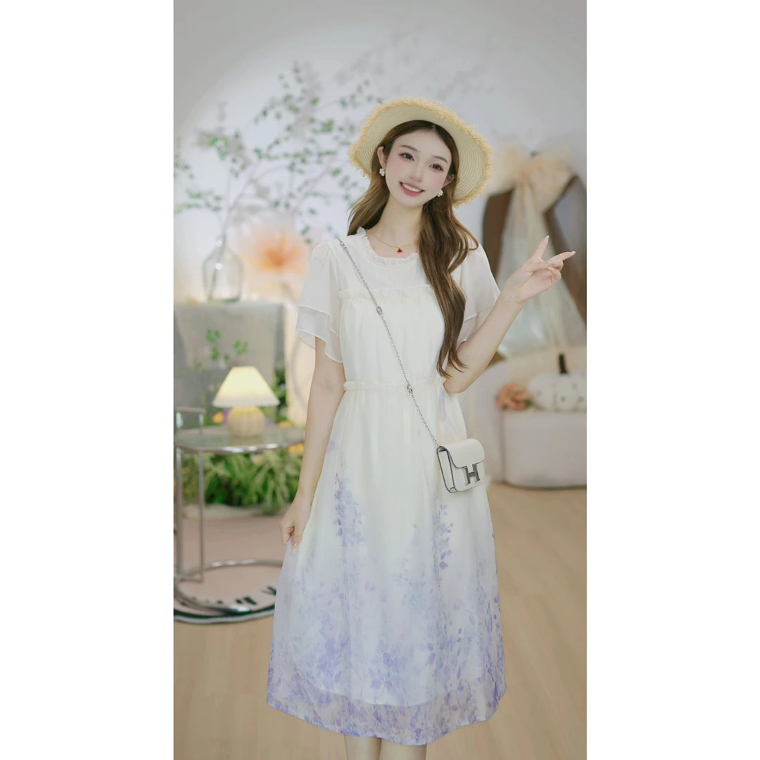 【半花诗集N】新款法式清新植物晕染印花连衣裙显瘦木耳花边蛋糕裙