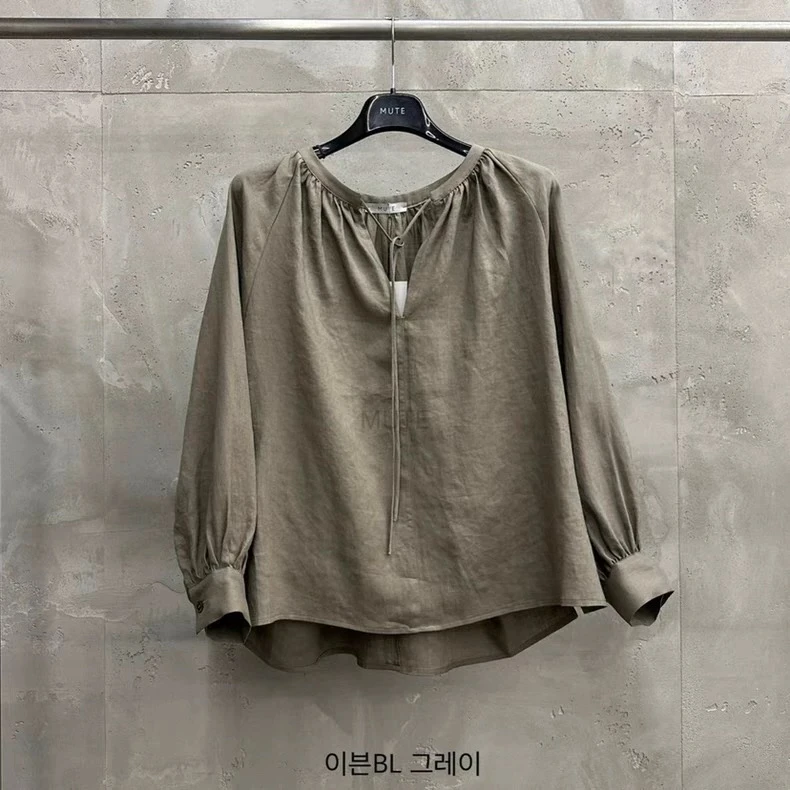 韩国东大门代2025夏季新女mute系带V领亚麻纯色宽松长袖衬衫