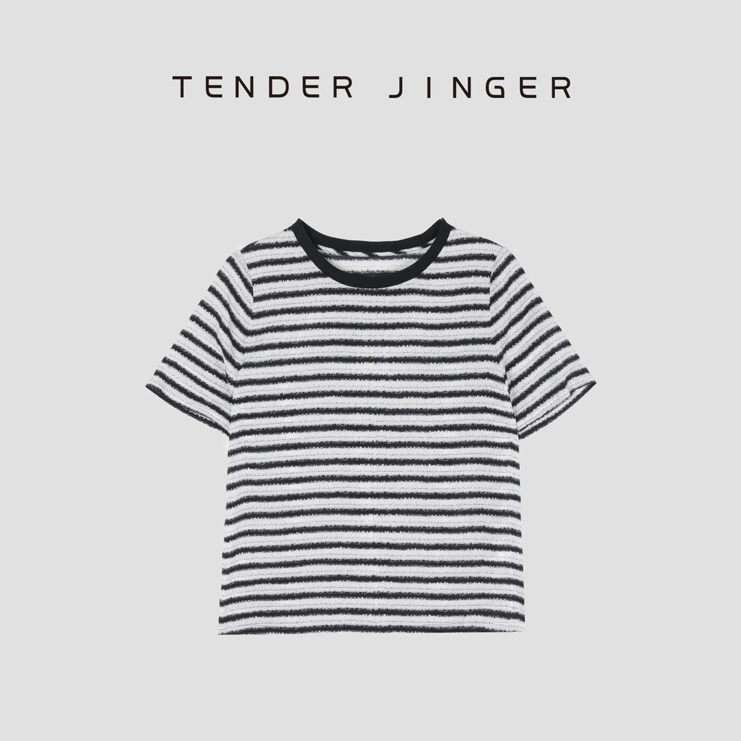 Tender Jinger【黑标】叠奏曲变化条纹真丝T恤T52LAN30209