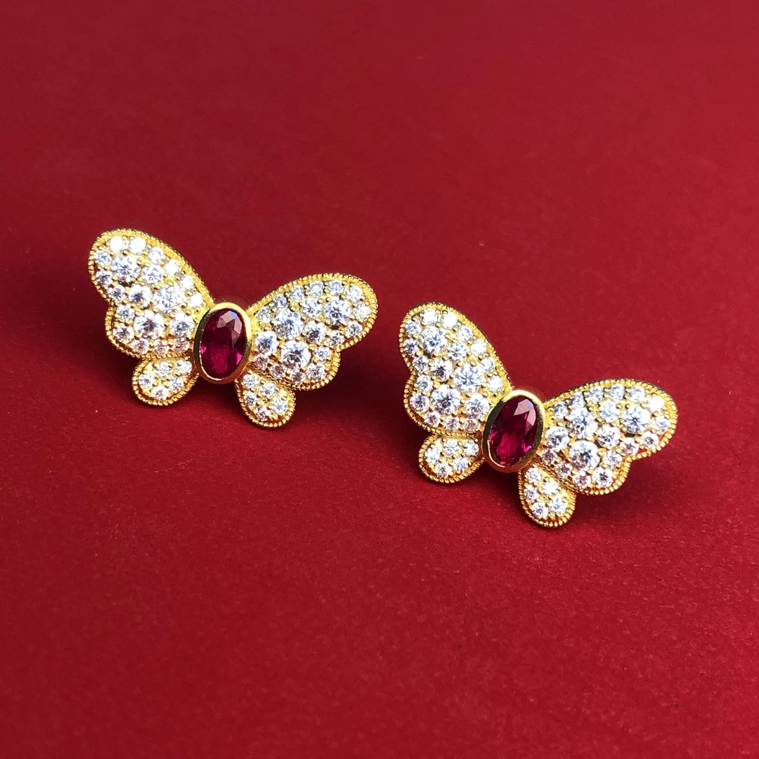 黄金999足金新中式古法满钻蝴蝶轻奢高级耳钉定制