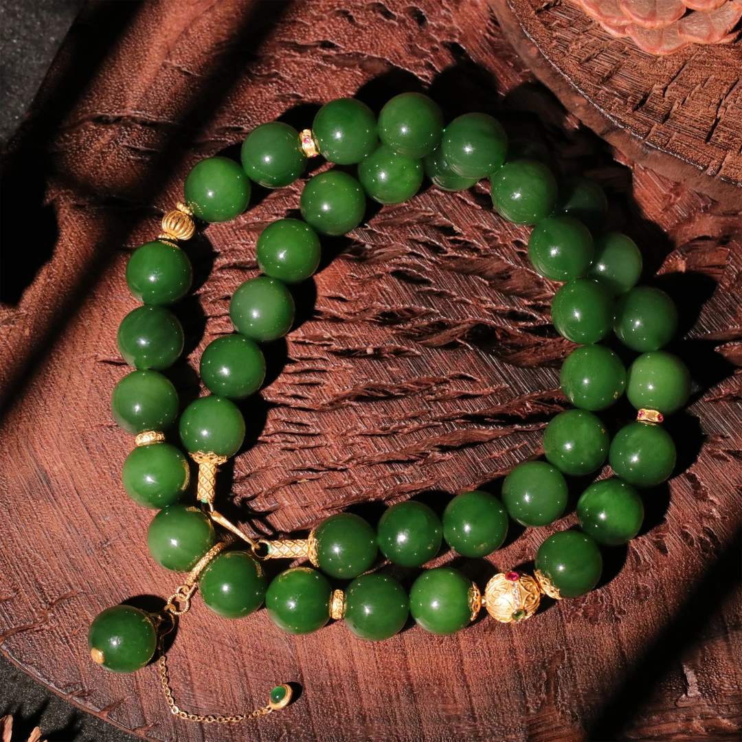 【泓贝珠宝-L925】18k金配饰和田玉碧玉矿标红皮设计款圆珠项链