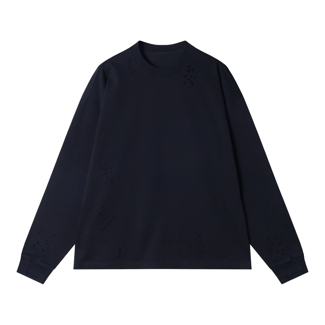 春夏季新款时尚个性纯色破洞圆领长袖T恤百搭潮流宽松套头上衣