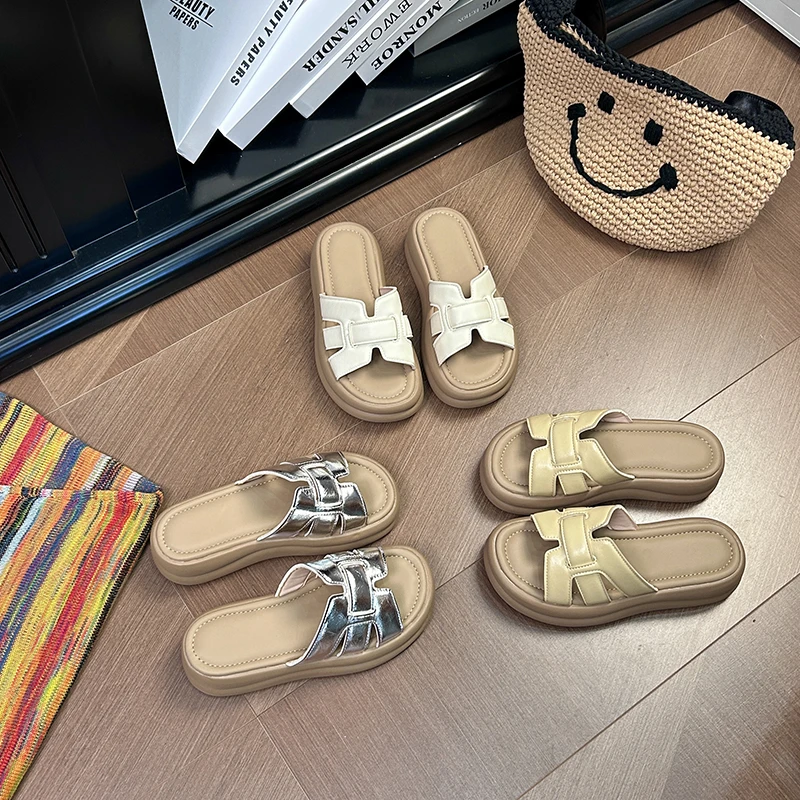 夏日复古编织罗马时尚百搭圆头厚底拖鞋Y883