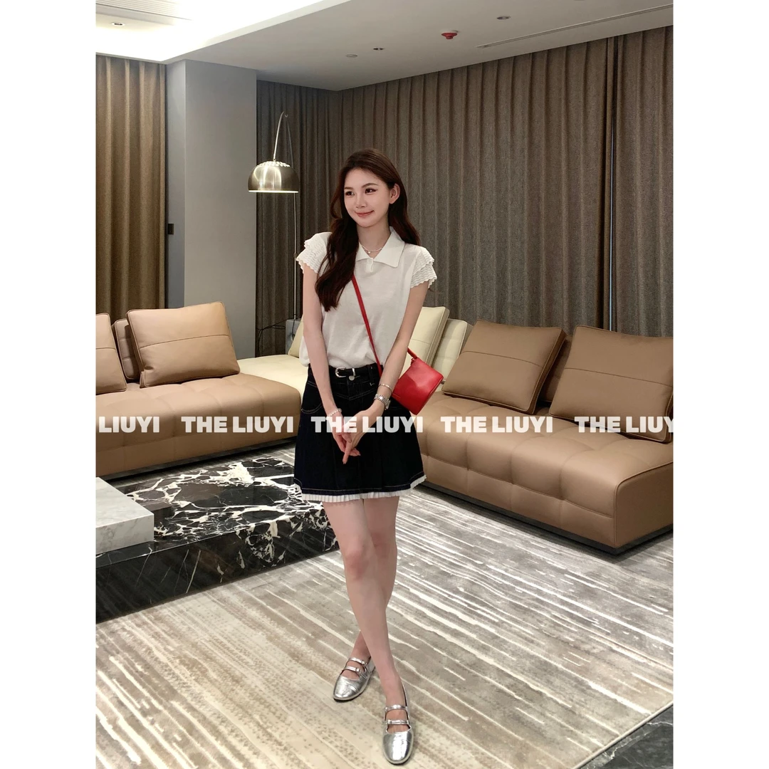 【LIUYI】风琴短裙~夏季丹宁色拼接花边A字半裙54236