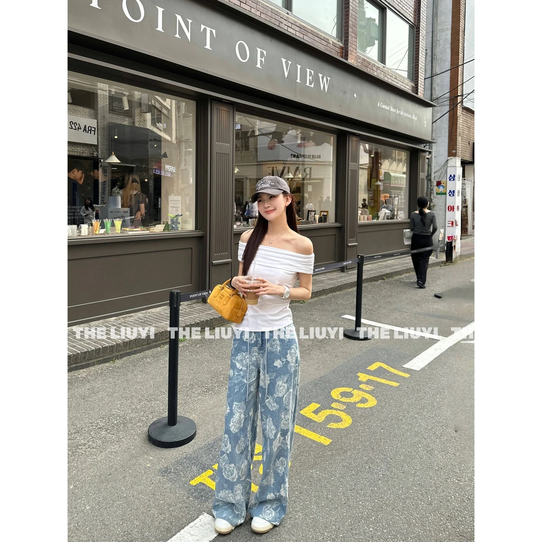 【LIUYI】冰川玫瑰~夏季设计感定制花朵牛仔直筒裤55168