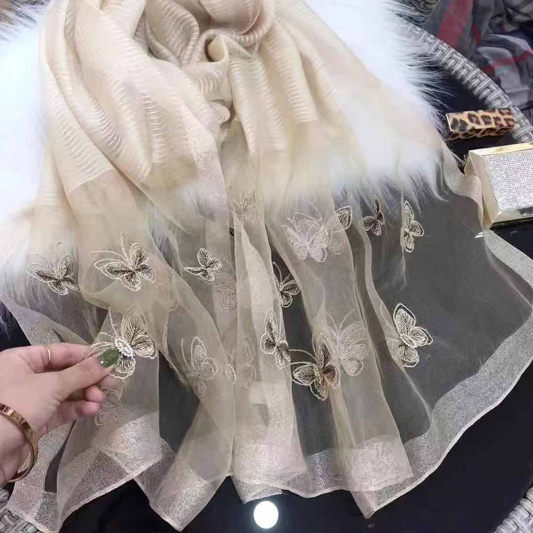 C404 香槟色蝴蝶刺绣 桑蚕丝羊毛围巾披肩75*175时尚百搭秋冬保暖