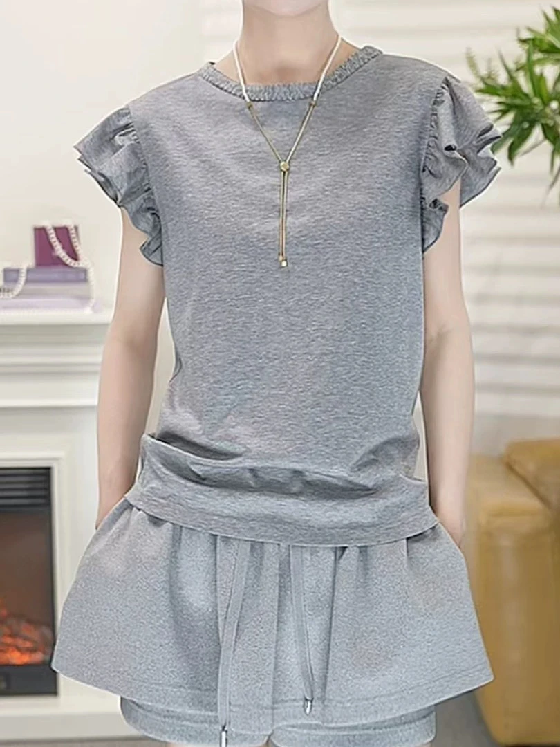 【商场同款】2025夏季新款百搭时尚圆领荷叶边短袖T恤上衣530047