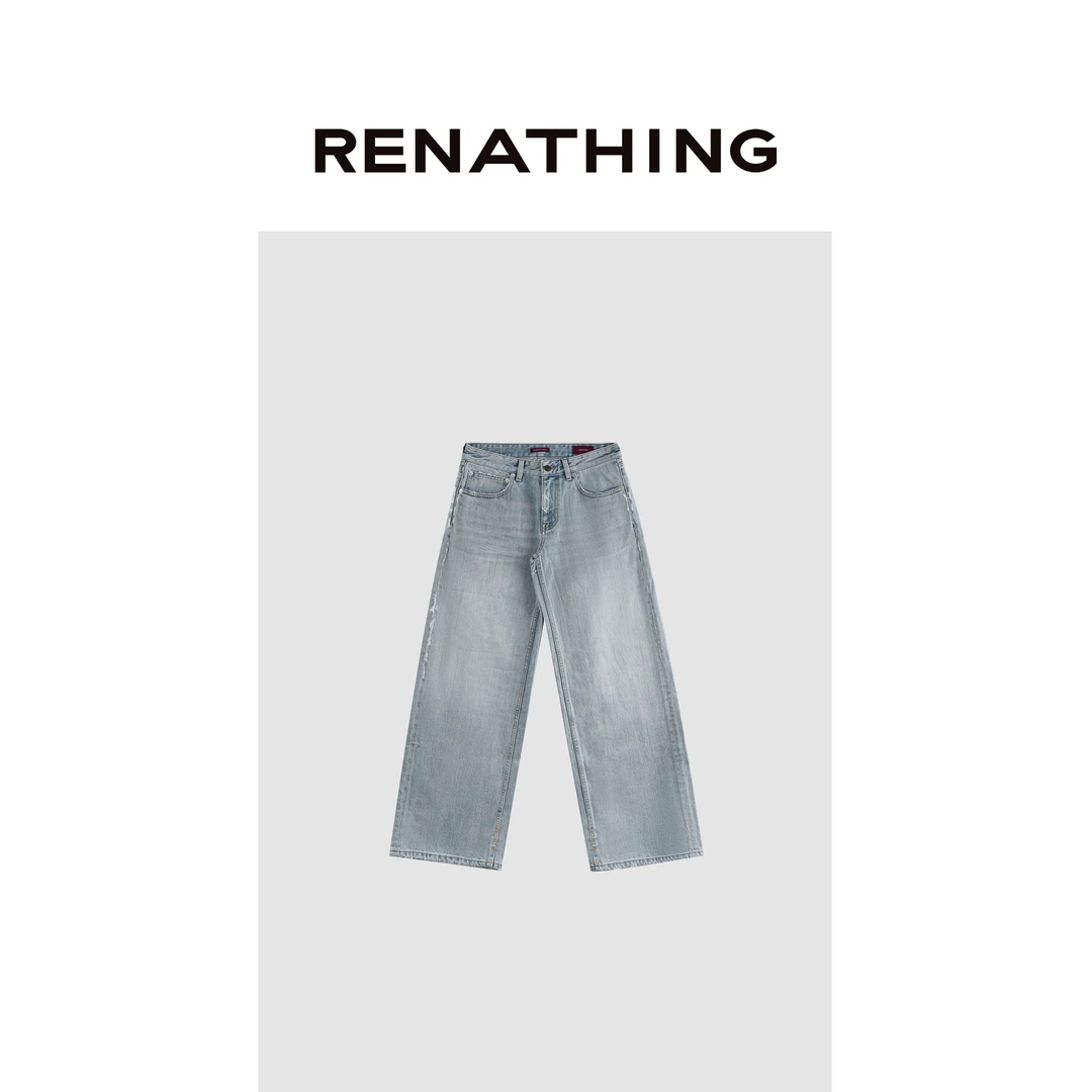 【RENATHING】阔版做旧直筒牛仔裤