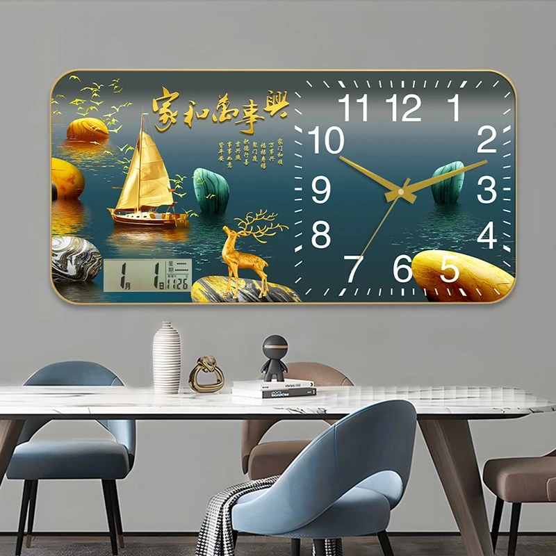 中国风装饰画挂钟新款免打孔墙上挂钟静音卧室时钟家用客厅装饰钟