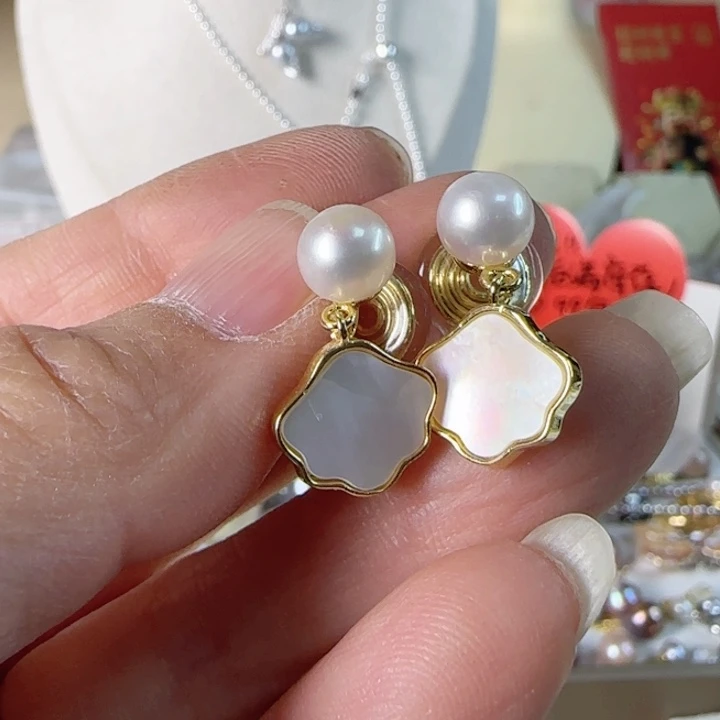 淡水珍珠耳夹白亮馒头珠有生长纹未镶嵌翠***^