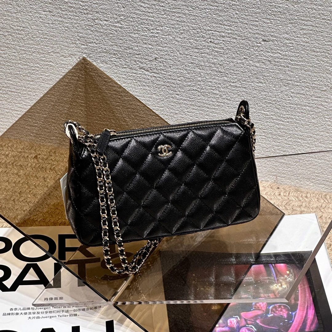 99新 Chanel/香奈儿 25A 黑金荔枝纹牛皮麻将包