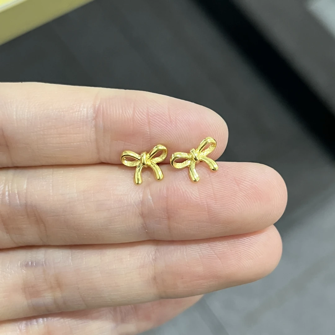 亮面蝴蝶结耳钉 弯钩款足金999