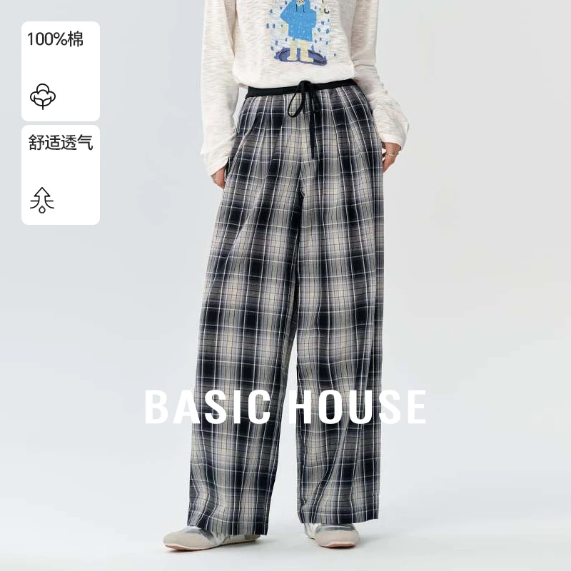 Basic House/百家好夏季新款撞色格纹女装休闲长裤-B0625B5HFU2