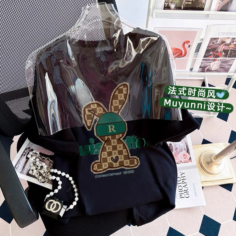 新款B064卡通兔子印花纯棉短袖t恤男女同款宽松男装设计感上衣