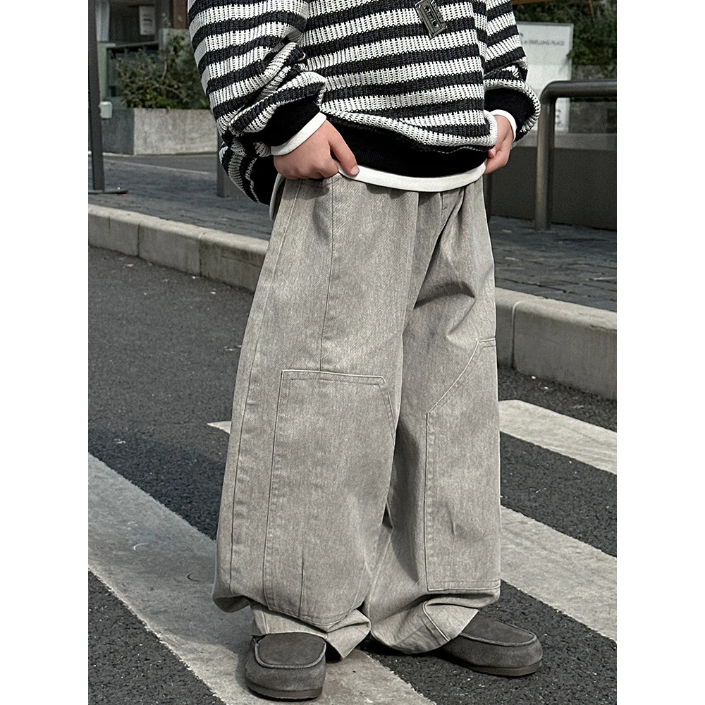 in 爱：qm25春季男童宽松小众棉布裤儿童韩版潮范复古做旧长裤2576