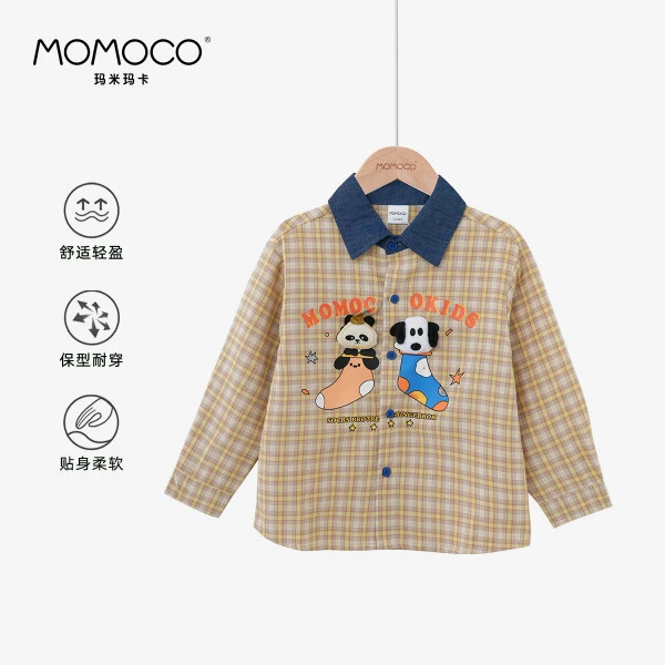 MOMOCO2025春季男童卡通衬衣印花格纹潮流长袖衬衫77130129001
