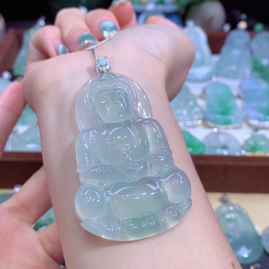 翡翠18K金镶嵌吊坠(不含链)天然缅甸A货翡翠揭阳工观音