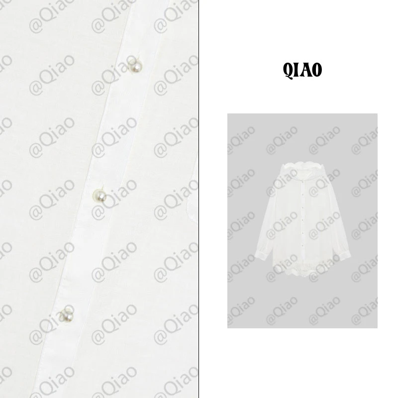 QXQT「廊桥白月光」荞荞春夏醋酸蕾丝花边拼接下摆连帽衬衫开衫外套