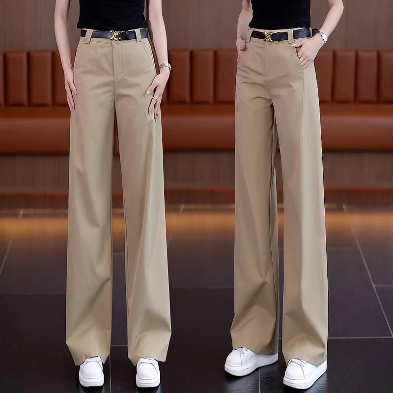 卡其色直筒裤女秋季爆款2025新款显瘦女裤高腰垂感休闲窄版阔腿裤