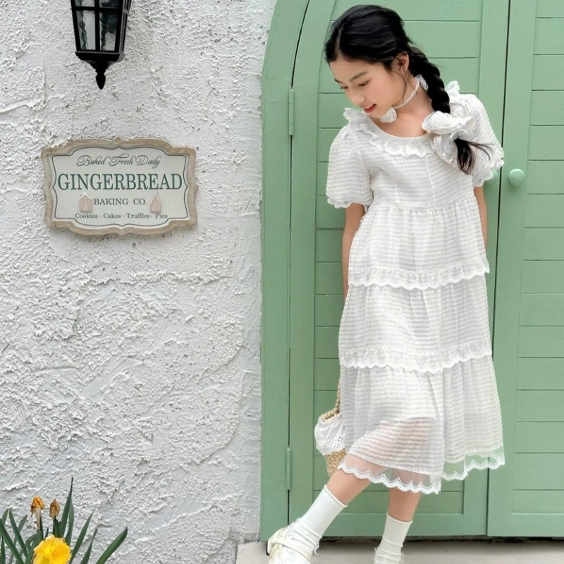 女大童连衣裙初中生蕾丝花边领2025夏季新款甜美少女风中长蛋糕裙