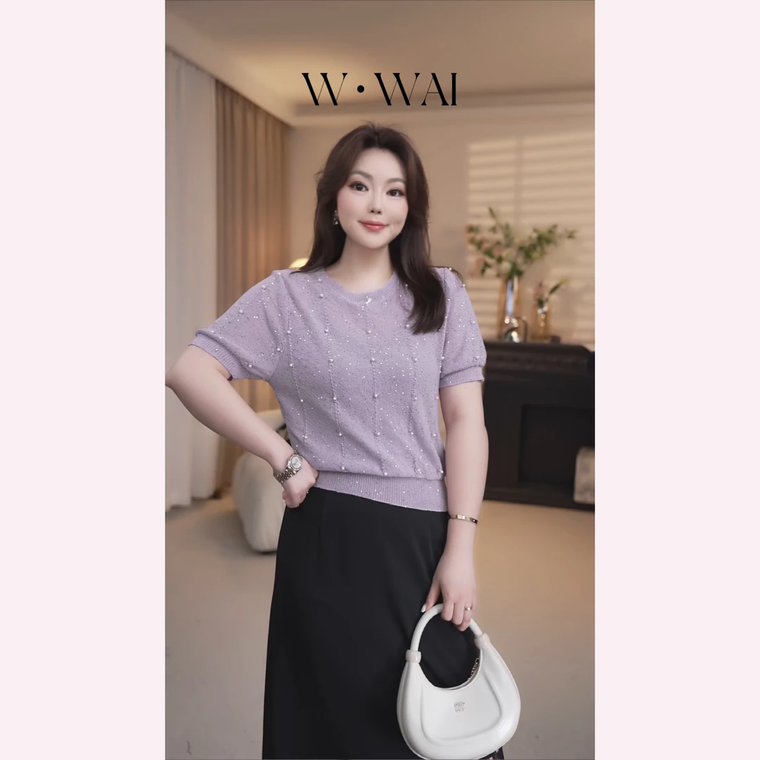 【紫雾】显瘦圆领小香风手工钉珠针织衫上衣  FX52Z029