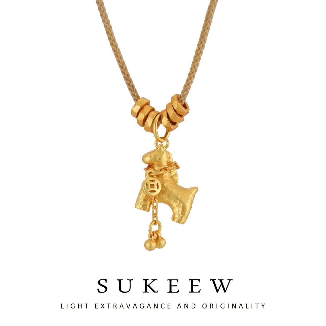 SUKEEW/酥可 铜合金布艺项链 锤纹小马钱币流苏吊坠项链-760602