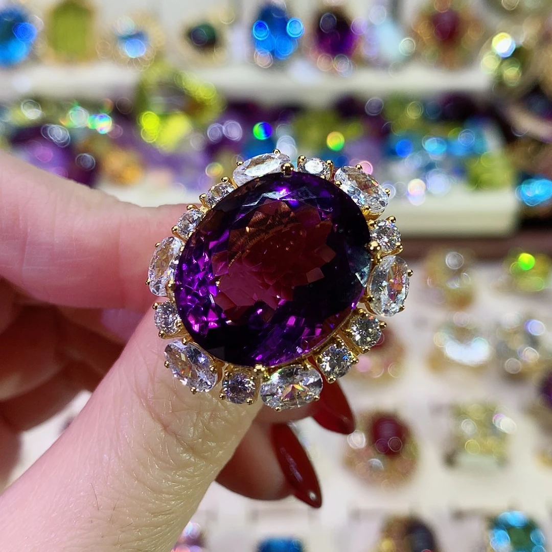 紫晶戒指银S925镀金镶嵌