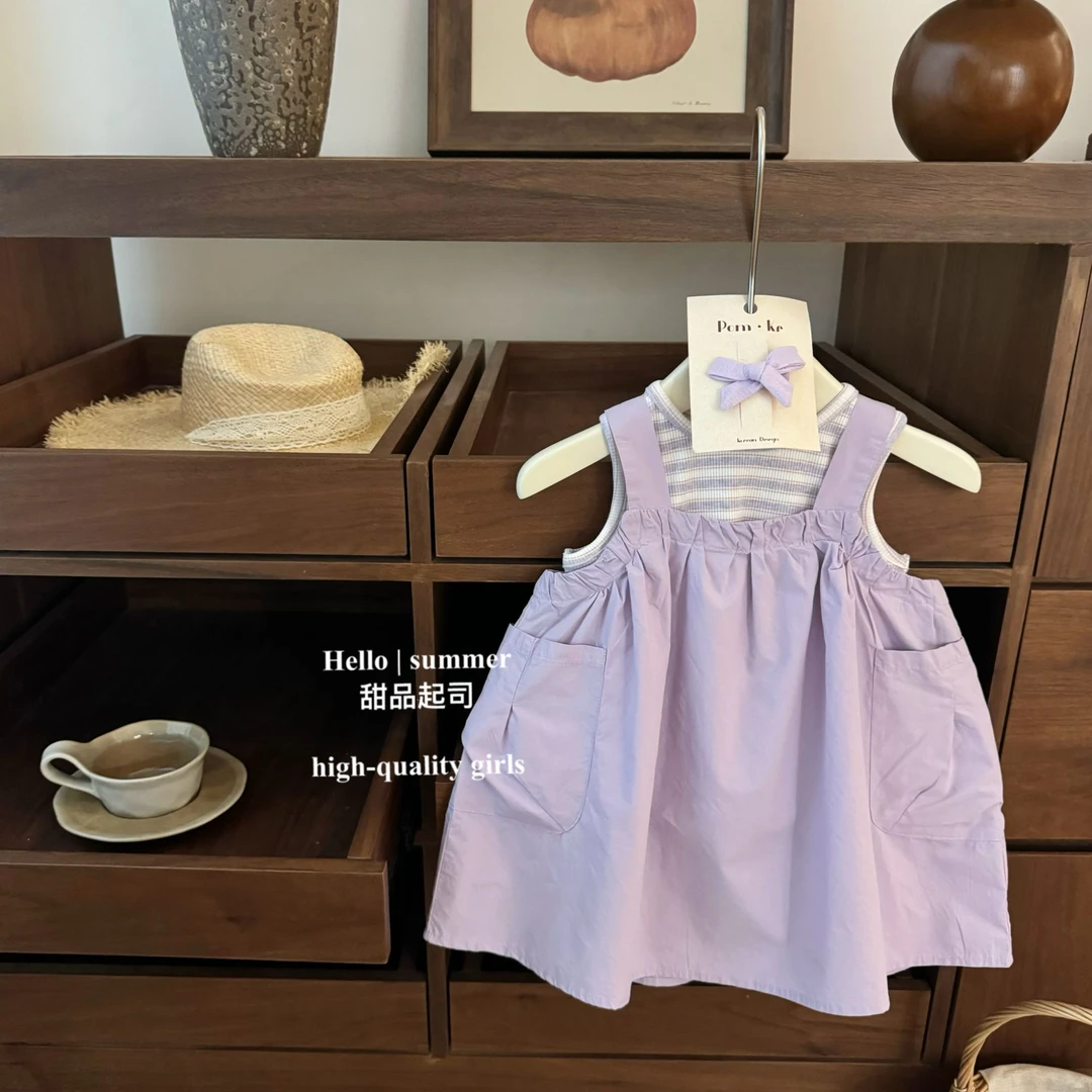 【甜品起司】超爱！韩国女宝宝夏季紫色工装条纹背心裙时髦两件套