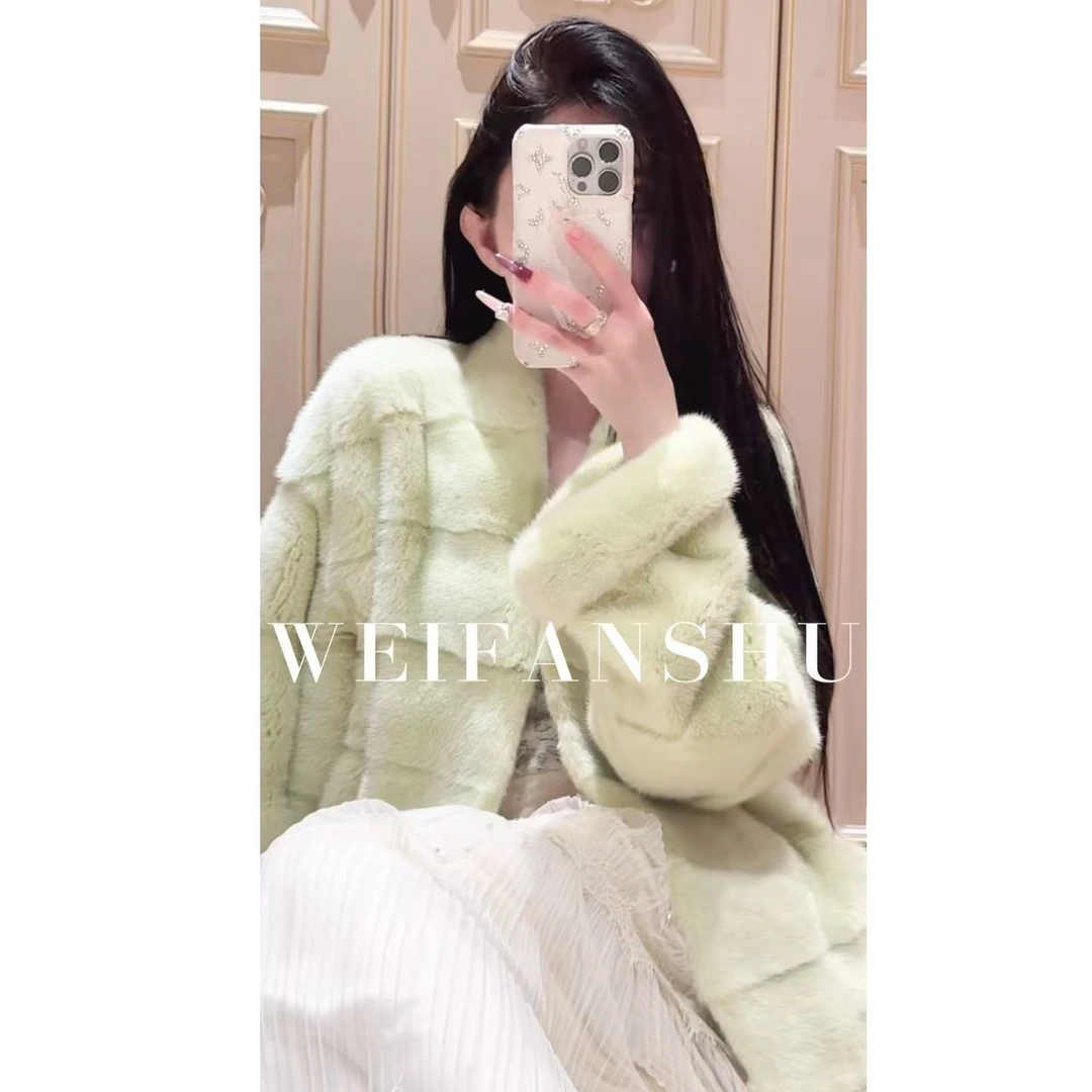 WEIFANSHU/魏凡舒【丽兹晨光】冬季新款抽刀工艺苹果绿水貂皮草外套