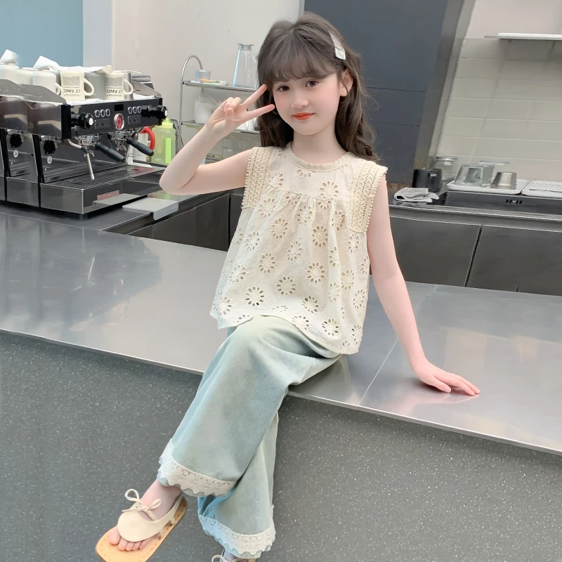 女童夏季蕾丝镂空套装2025新款儿童网红洋气时髦休闲牛仔裤两件套