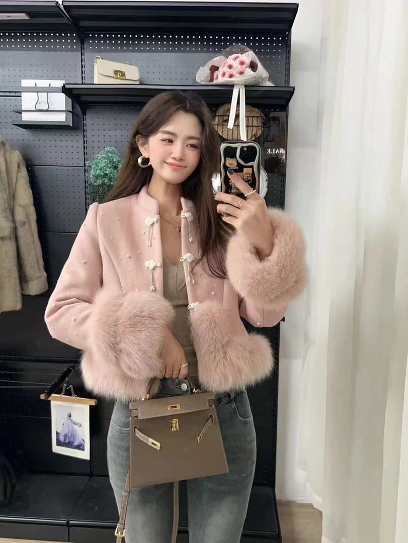 DOUSHEHUI  蜜语甜心狐狸毛双面呢皮草服饰外套
