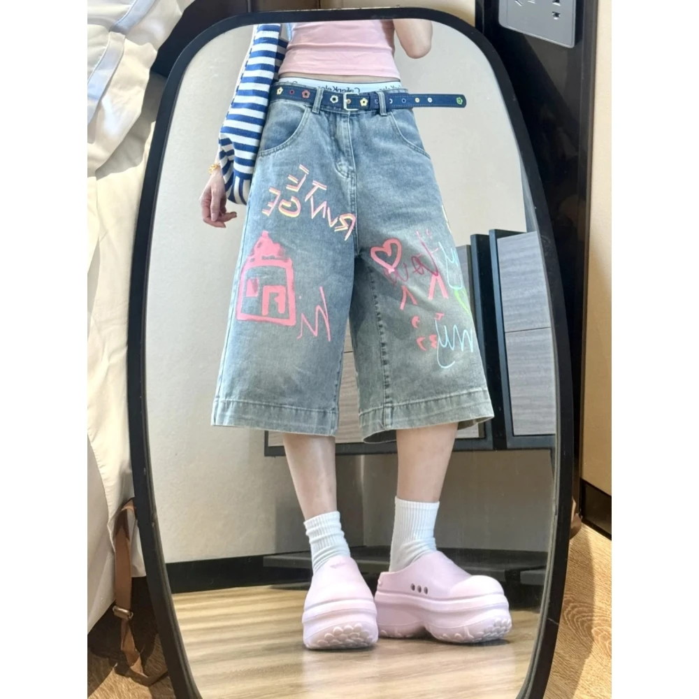 美式复古设计感涂鸦牛仔裤女2025春夏新款高腰显瘦小众阔腿七分裤