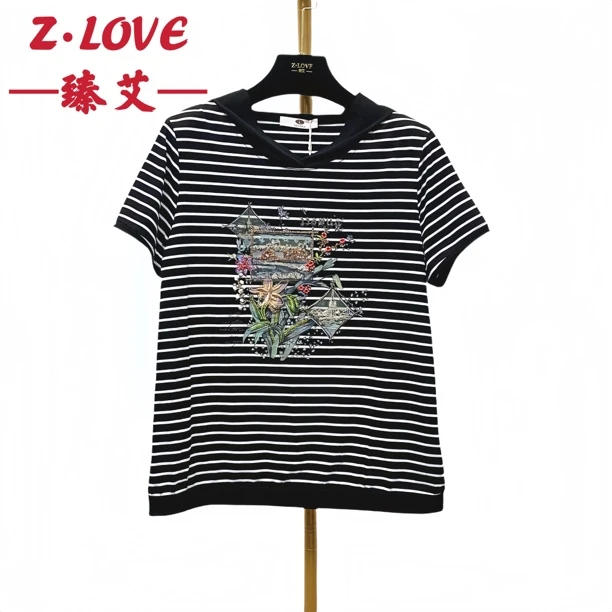 【香草花开半夏连帽短袖】条纹休闲T恤针织重工刺绣印花圆领8698