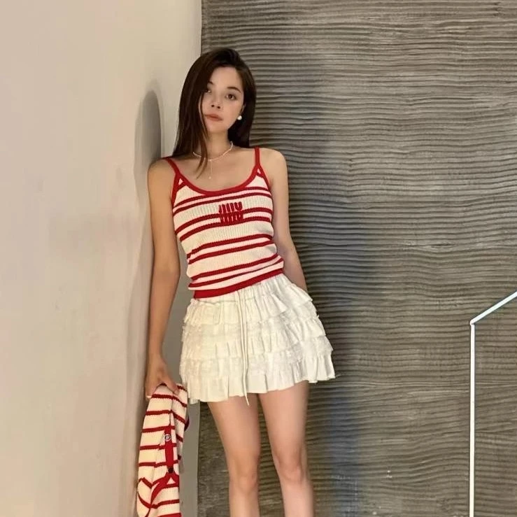 韩系条纹夏季刺绣字母条纹撞色镂空针织吊带背心外穿针织上衣